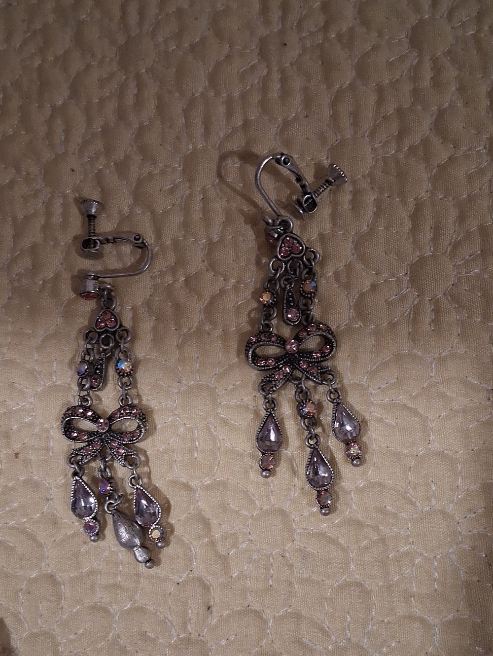 Vintage-Style Pink Crystal Bow Drop Screw BackEarrings